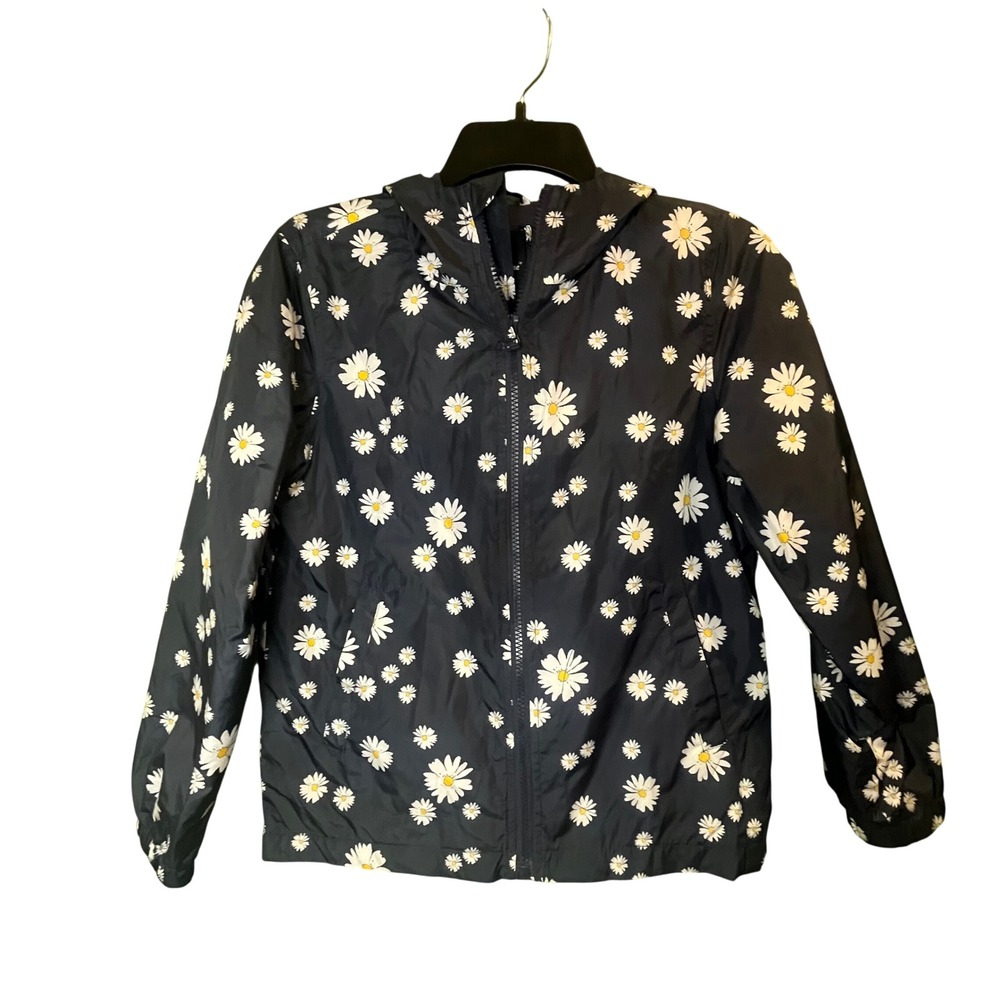Me Jane Kids Navy Blue Daisy Floral Hooded Rain & Wind Jacket Size 10/12
